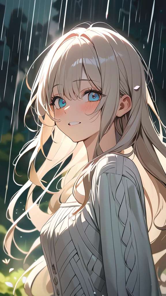 1 girl, ( cute face), Big Eyes, long hair, Hair tousled by the wind, collarless jacket, knit dress, medium , Lively Posture , 潤いのある肌
break, Spring storms, (Soft Light:1.3), Bright colors, Lively Atmosphere, break, Young Leaf Trees 々, Fluttering Petals , The scent after the rain, Scenes of New Beginnings , absurdres, highres icon, ultra detailed, beautiful, masterpiece, best quality