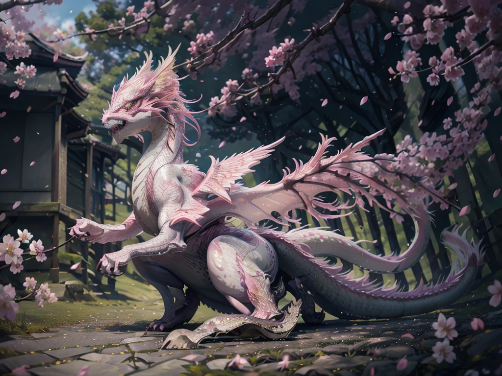 (best quality, 4K, High Resolution, Meisterwerk:1.2), ultradetailliert, 1 girl with dragon wings, silbernes langes Haar, blaue Augen, mittlere Oberweite, nackt, Cherry Blossom, Geschlechtsverkehr bekommen, Sanfte Beleuchtung, leuchtende Farben