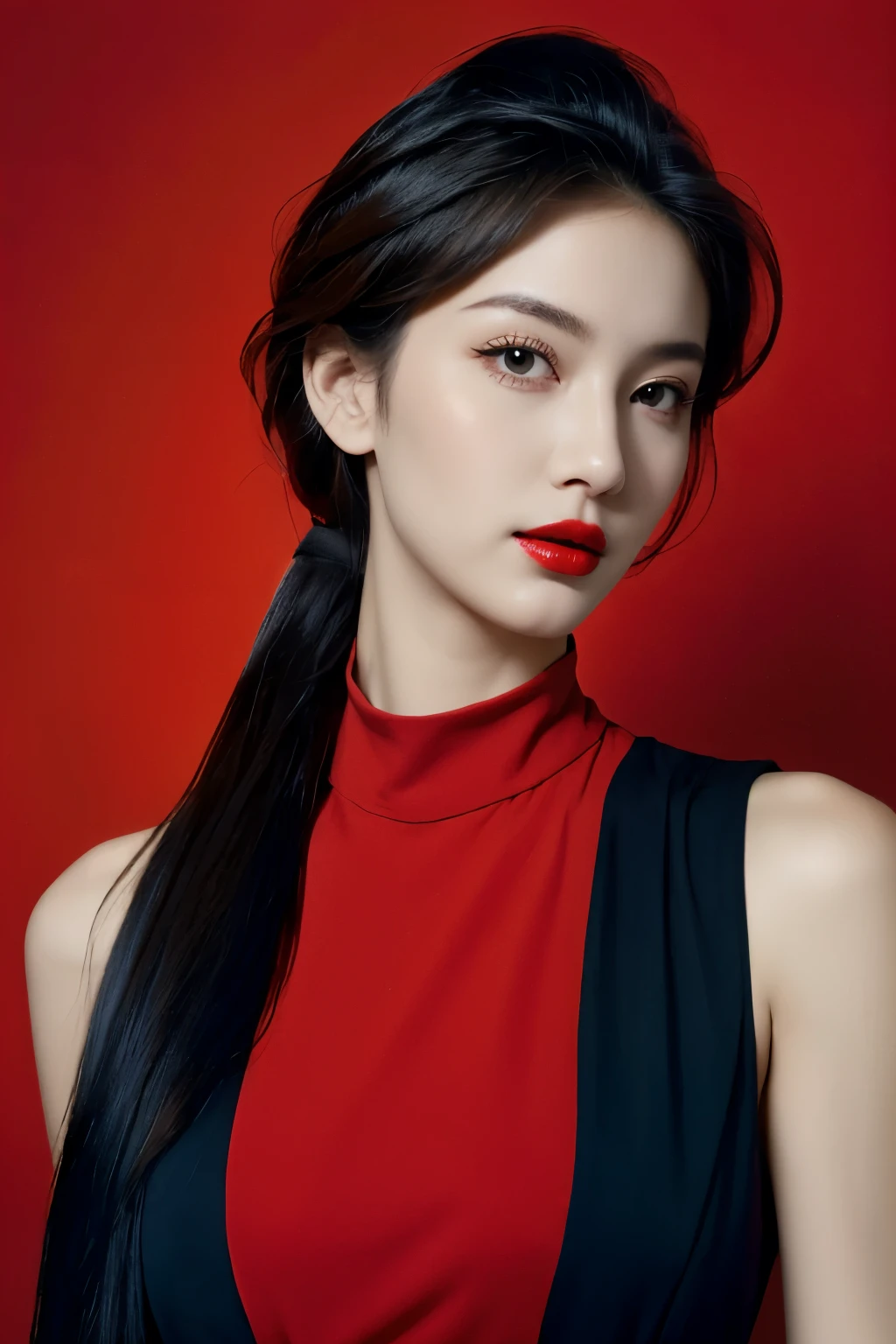 (Masterpiece:1.5),(Best Quality:1.5),High Resolution,Highly Detailed,(Low Contrast:1.1),Full body photo,.official art,red background,flat color,partially colored,{persona 5},.|key visual| intricate| highly detailed| breathtaking beauty| digital lineart| vibrant|,.Aestheticism Painting,.,
A mature face,sideways glance,(cold attitude,eyeshadow,eyeliner:1),(red lips:1.3),watery eyes,
