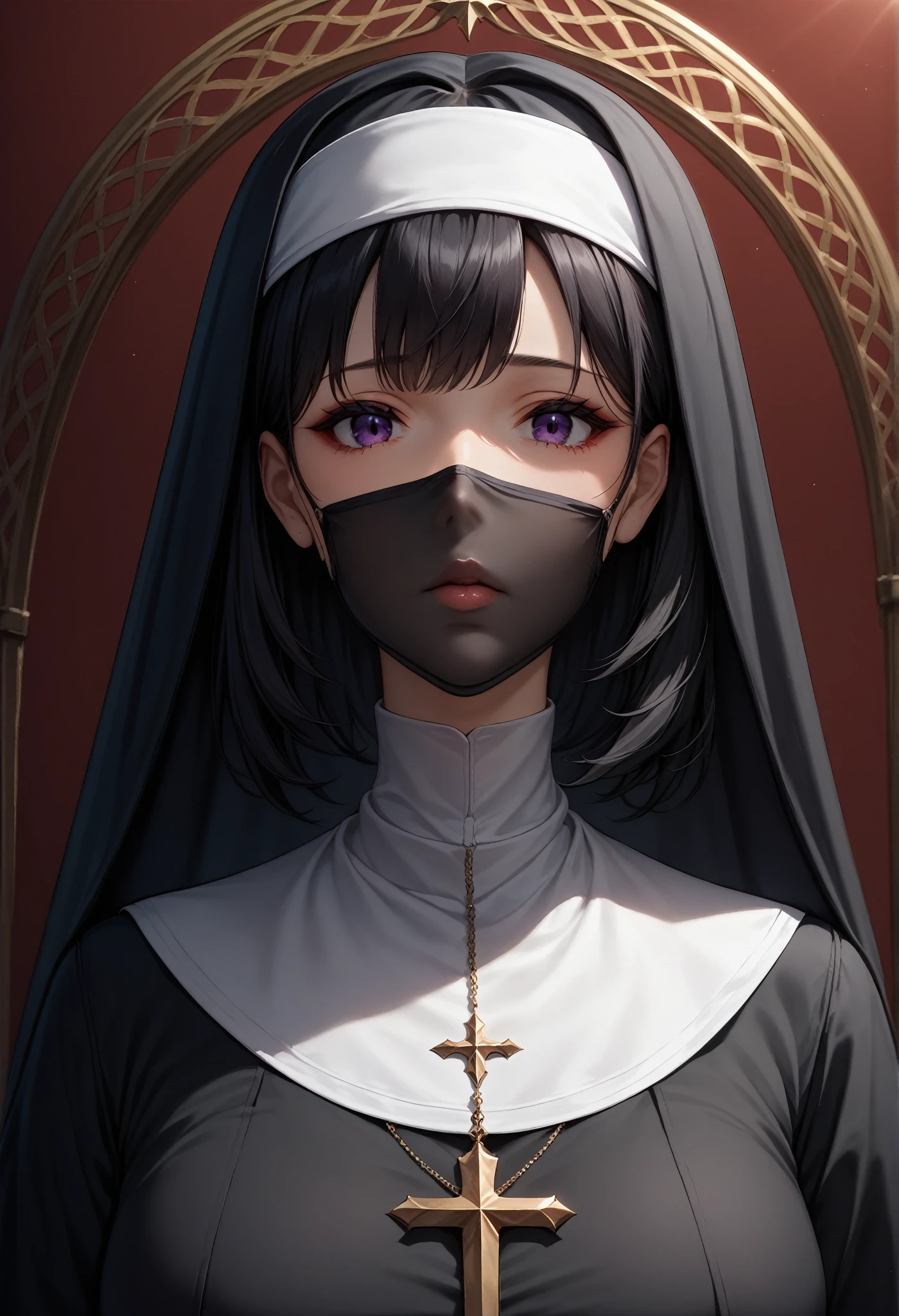 score_9, score_8_up, score_7_up, score_6_up, absurdres, very aesthetic, cinematic light, backlighting, blur background, 1girl, mature woman, beautiful girl, nun, mouth mask, medium hair, bangs, black hair, purple eyes, Pretty Face, expressionless, scared, looking at viewer, Portrait, looking a view, dutch angle shot, (background : Red Background),