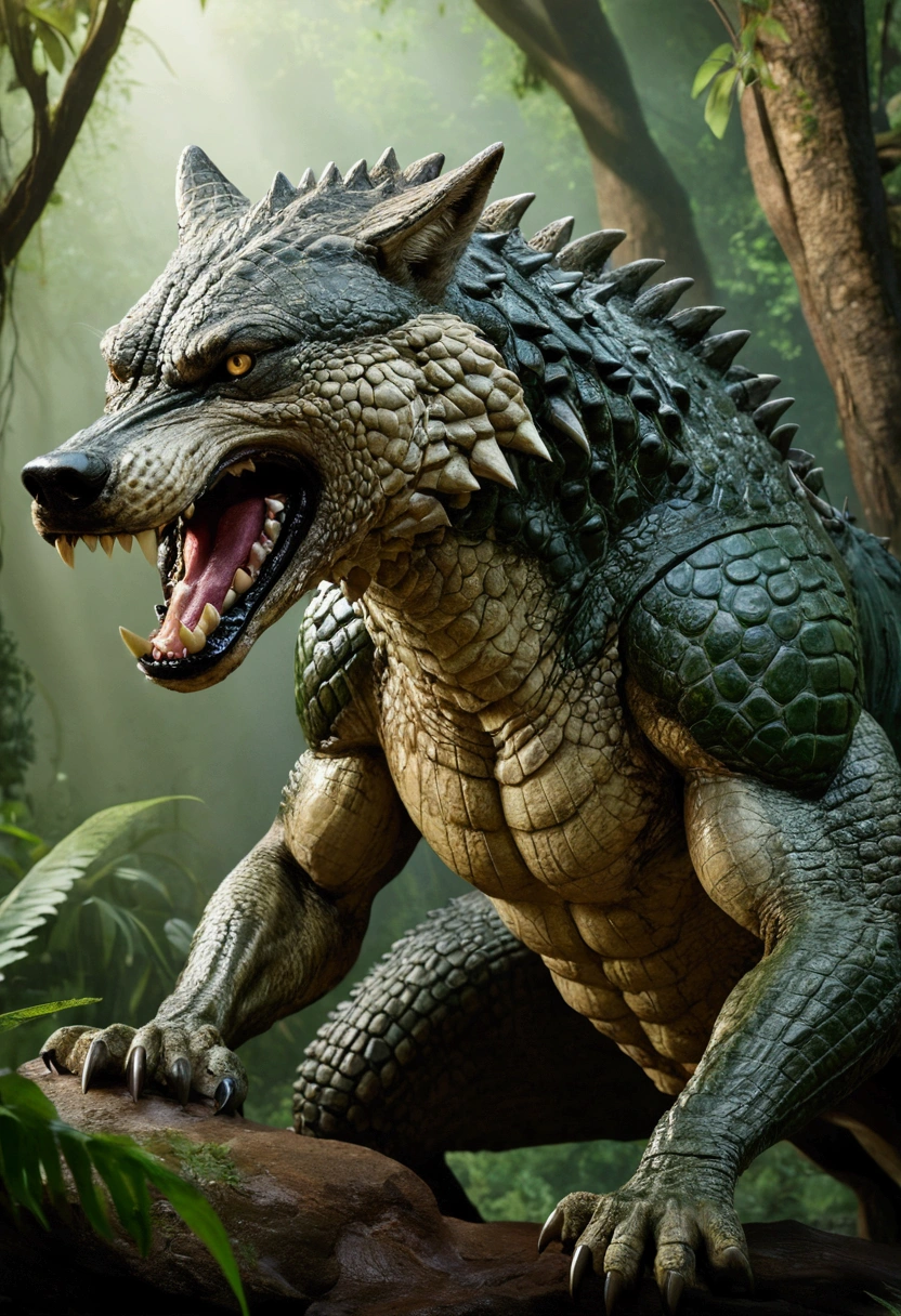 Male albino crocodile human hybrid, scarring, terrifying, angry, crocodile head, crocodile tail, alligator head, mouth, jaw, muscular, terrifying, 3d, realistic, in forest swamp, warrior, bloody, angry, A semi-medium long flaccid penis with foreskin visible, teeth, open mouth, Stick out her tongue, peeing, testicles, saliva, ASS,