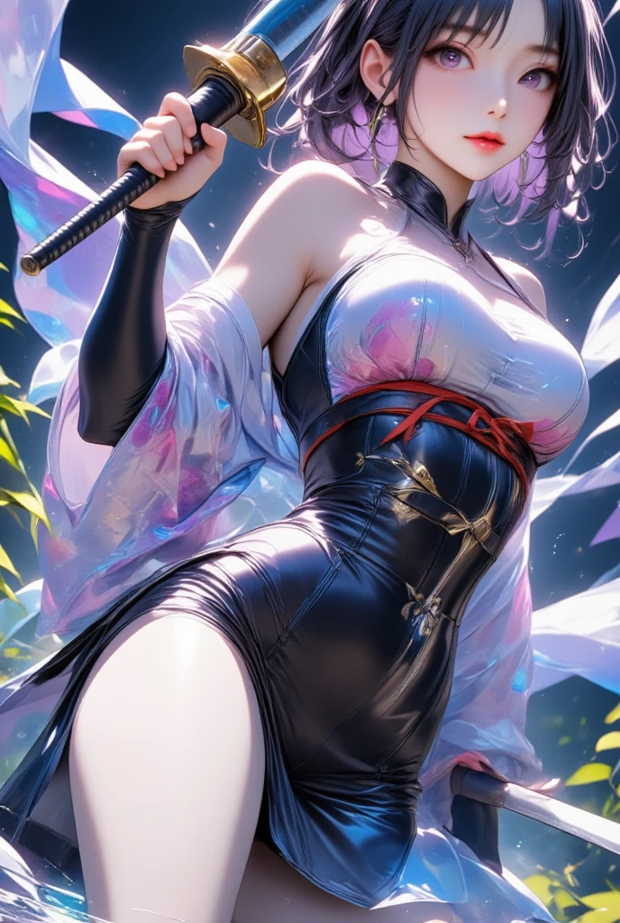 One young and beautiful woman,(Best Quality, Extremely Detailed Description , Incredibly Absurd Hi-Res),(Anime Samurai Girl ),(kimono,Hakama,Long sword:1.3),(Black Eyes,Black Hair, half-closed eye:1.1,sweat,Beautiful legs,Curvaceous Body, shiny skin, Poses Waving a Sword :1.5, is holding a sword:1.3,Shining Steel Blade:1.3,Sword,),Full body image, anime picture ,Side view,background:Riverside,Natural Light,Focus on the sword 