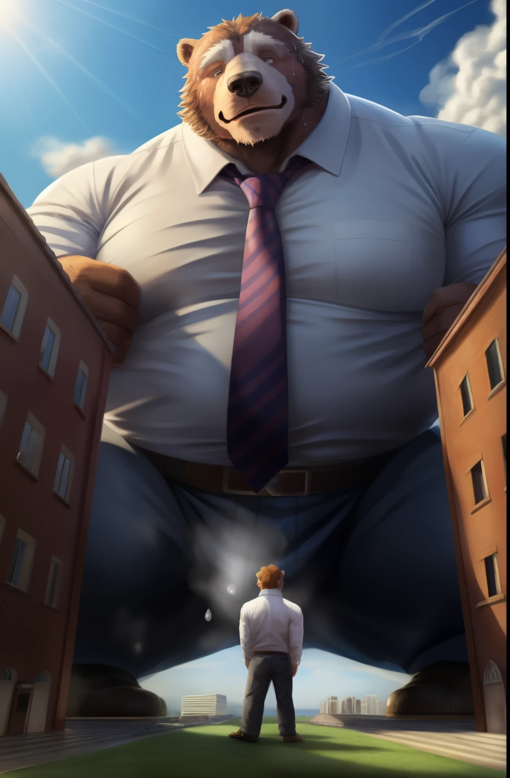 author: bontiage, (1 boy), one, grizzly bear seam, bart, overweight male , Fettleibig, big bump in the , Hose, (sweat:1.6), long-sleeved, plain shirt, necktie, kemono, hot body, Muscle, beautiful, Attractive guy, ( detailed black eyes ), Brew, (masterpiece, A high-resolution, best quality ), 4K, bad, beautiful shadow, (Massiv:3.0, ( heavyweight,stark,Macro, Emphasizes ,)),