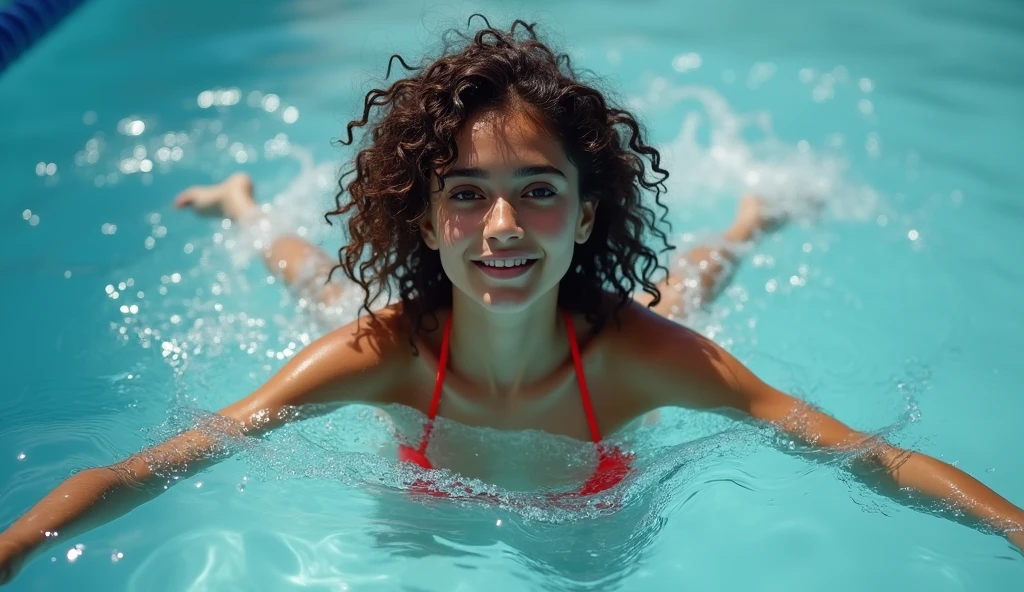 Happy and smiling 21 year old Indiam girl in a white transparent bikini underwater in a swimming pool, She does a namaste pose (pray) using her hands calling the camera, ela solta bolhas de ar pela boca, many bubbles in the water, bolhas, bolhas de ar, bolhas de ar saem da boca dela