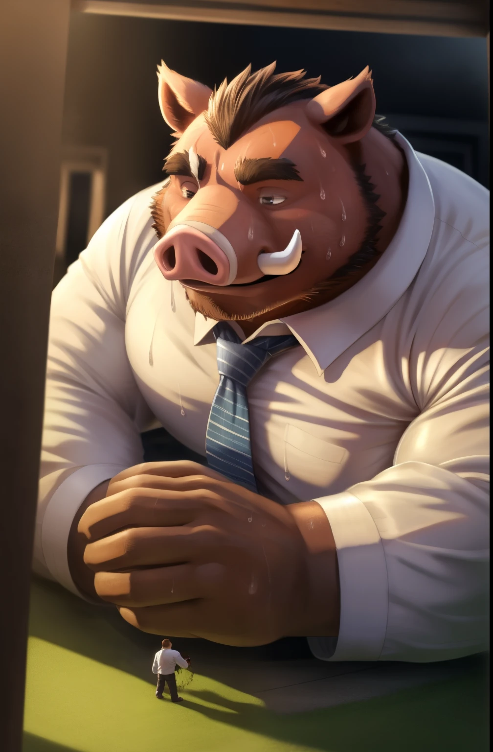 Chubby, fat, male middle aged, (anthro boar), thin beard , big chest, dynamic light, open shirt, red hair and beard, extremely hot and sexy, Daddy figure, hot daddy, boss, by darkgem, by zixiong, by glitter trap boy, ((look at viewers)), (smile), (buck teeth),(small eyes) ,(gold ear piercing),muscular pig, fluffy chest, furry character portrait, manbearpig