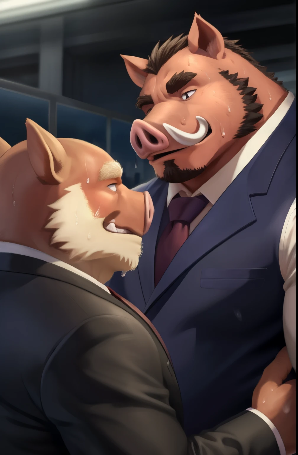 author: bontiage, (1 boy), one, wild boar, tusks , bart,  pig nose ,  overweight male , Fettleibig,  big bump in the crotch, Stand , (sweat:1.6),   business suit, Second Men, kemono, hot body, Muscle,  beautiful, sexual, Attractive guy, ( detailed black eyes ), Brew, (masterpiece, A high-resolution,  best quality ), 4K, bad,  beautiful shadow,