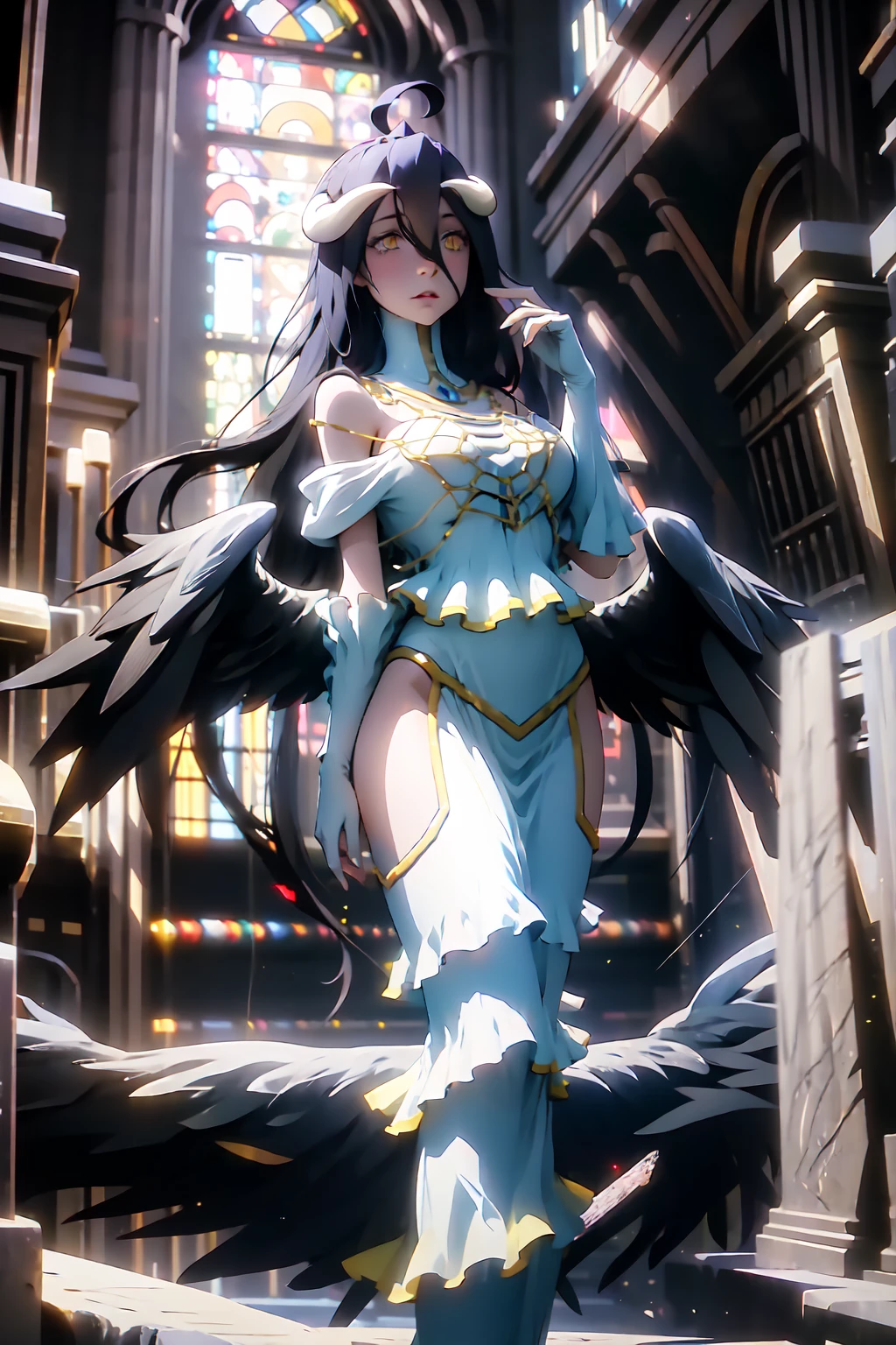 (masterpiece master) (creation, supreme) resolution, demon, red eyes, divine white dress, background in a church, mischievous, black angel halos, white demon head,full body looking at viewer,big breast,16k,super detail,detail design,cinematic lights,stendglass