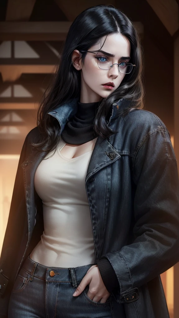 1girl, ((Frankenstein_girl:1.2)), ((rotten_face)), (black glasses), gold watch, (thick gold chains), (wearing purple old suit), medium breast,