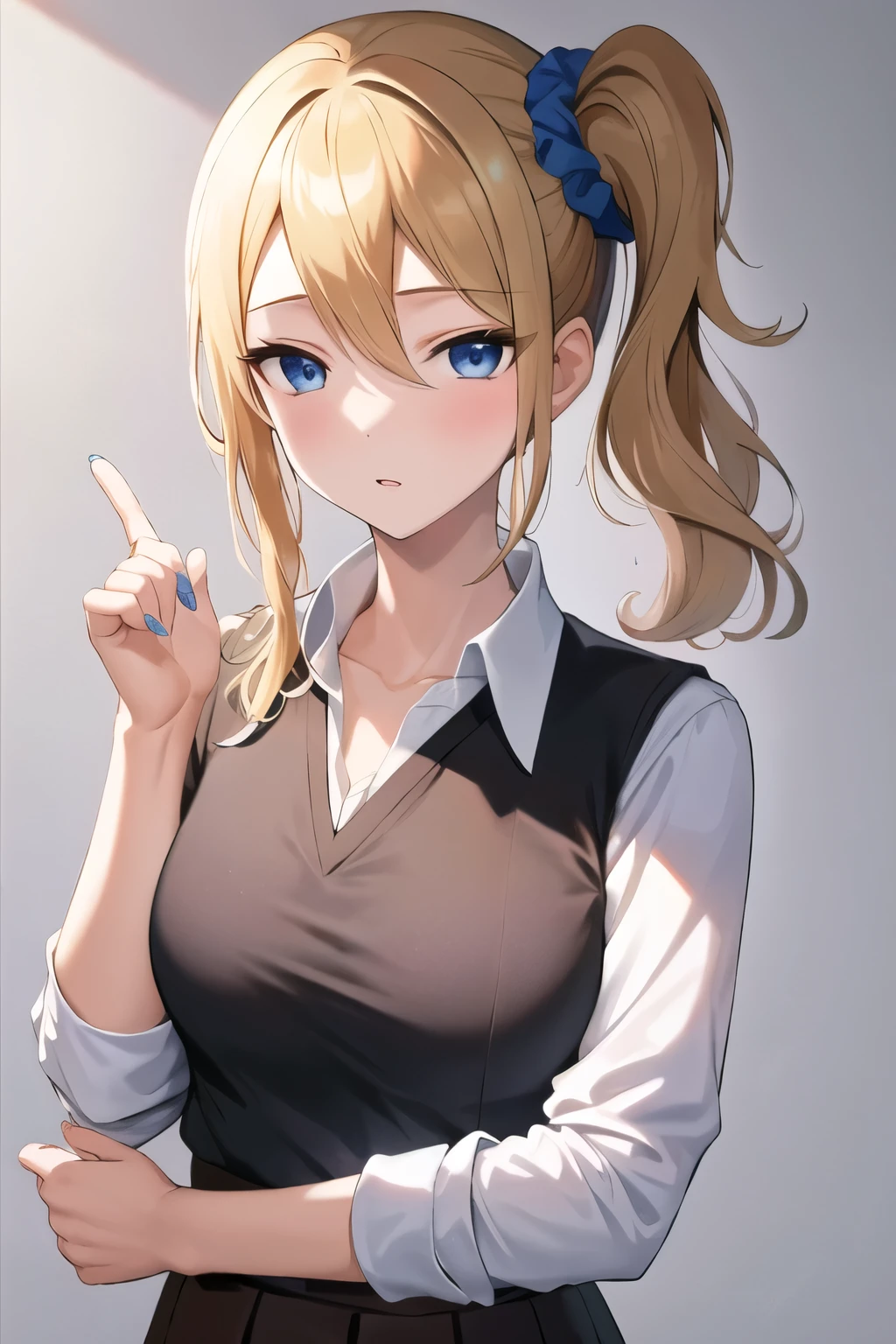 masterpiece, Best Quality, aihayasakav4, 1 girl, Alone, breast, watching viewers , , blue eyes, blond hair, simple background , shirt, hair ornament , White background, hair between eyes , school uniform , white shirt, Nail Polish , side ponytail, v, scrunchie, hair scrunchy, Blue Nail, Waist Clothes, blue scrunchy, shuuchiin academy school uniform