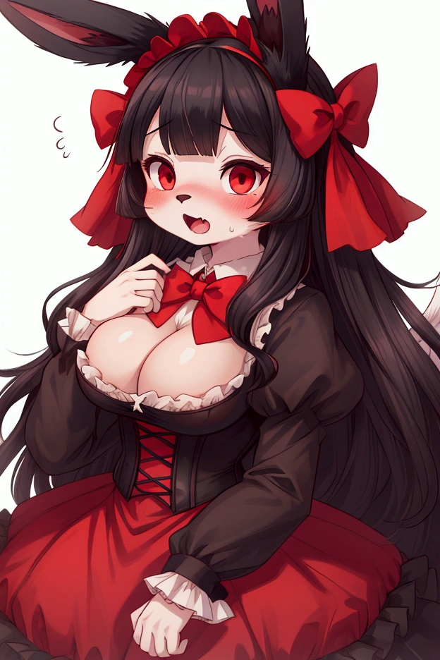 best quality, amazing quality, very aesthetic, absurdres, 1girl, (furry, kemono:1.3), rabbit, rabbit girl, rabbit ears, red eyes, long hair, blush, sweatdrop, dress, black hair, spoken sweatdrop, ****ta fashion, long sleeves, wings, red dress, white background, black wings, bow, looking at viewer, simple background, red bow, corset, gothic ****ta, spoken blush, blunt bangs, frills, breasts, open mouth, hairband, puffy sleeves, ****ta hairband, upper body, bowtie, large breasts, red bowtie, wavy mouth