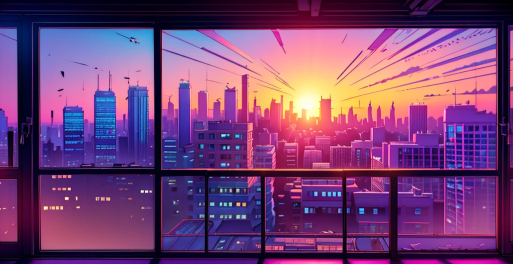 View from the penthouse window to the colorful city, City sunset, The city, sunset night, Sunrise background, City twilight landscape, 4 k hd illustrative wallpaper, [ Synthwave style 4K ]!!, Иллюстрация обоев 4 K HD, neon landscape, Synthwave City, Neon City in the background, vaporwave city, A colorful city, View of the city from the window, pink and yellow shades, Delicate colors, Drawing