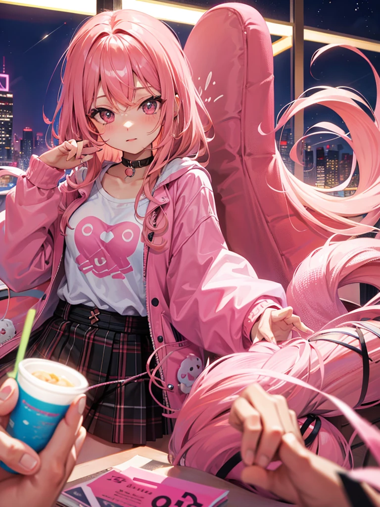 anime girl with pink hair and pink eyes holding a cup of liquid, anime girl drinks energy drink, pink twintail hair and cyan eyes, clean detailed anime style, anime style illustration, detailed portrait of an anime girl, digital anime illustration, anime style portrait, anime style hyper detailed, close up of a young anime girl, low resolution, Seductive Anime Girl