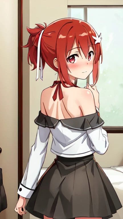 1 girl, solo, (Yuuki Yuna), Yuuki Yuna wa Yuusha de Aru, Yuusha de Aru, red hair, red eyes, short ponytail, hair ornament, ribbon, hair between eyes, side ponytail, closed mouth,
BREAK, (halter-shoulder sleeves, shirts, mini skirt, thighs:1.3),
BREAK, standing,
BREAK, (embarrassed, blush:1.2),
BREAK, (from back:1.2), (cowboy shot:1.2)
BREAK, indoor, bedroom, house, bed,
BREAK, (best quality, masterpiece, detailed:1.3), HD, anime colored, (beautiful detailed eyes, extremely detailed face:1.2), perfect lighting, extremely detailed CG, (perfect hands, perfect anatomy), nsfw,