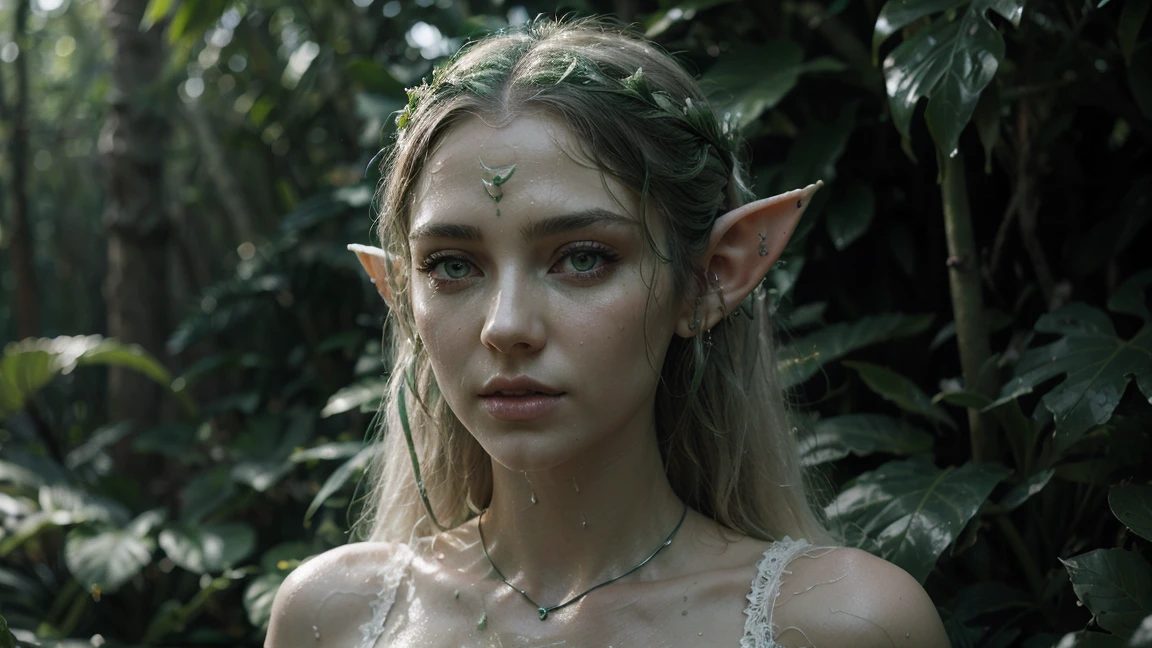  a beautiful elf with pointed ears, Flügel aus Greenen Cannabisblättern, wears wet, transparent white clothing ,  extremely detailed face and eyes (Green) ,  detailed skin structure ,  decorated fantasy jewelry , lush forest backdrop , warm light,  cinematic composition ,  very detailed ,  intricate details , digital art,  vivid colors ,  dramatic lighting ,  photorealistic