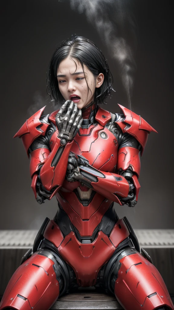 Rough skin,  very detailed, Advanced Details,  high quality, 最 high quality,  high resolution on down, 1080P 、Bleeding from a wound、Red Armor、Wearing red and black、cute((Severe damage to the entire body))( wear a damaged female robot suit...)(Red Armor)(Broken Armor) Black Hair 、 boyish short hair with wet crotch、Torn Armor、 wet hair、 Open Your Mouth 、(Steam from the bodyが出ている)Sweaty face、It hurts again、Serious damage、、 drool out of your mouth、Female university student　　(Steam coming out of my face) ((Steam from the body))  sit on chairs　Touching the vagina　 look up 　suffering　(Fainting when standing)) Center View 