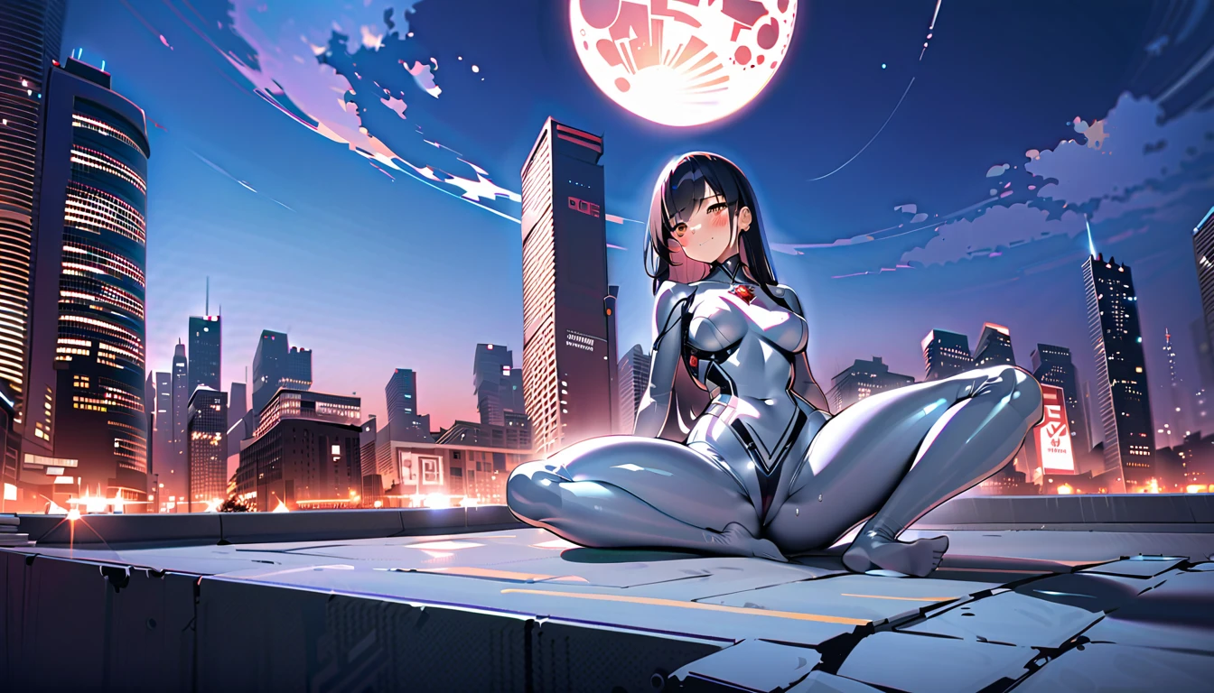 girl masterpiece, best quality, high resolution, best detailed, ultra girl, giantess, black hair, straight hair, shiny hair, bodysuit, red and silver bodysuit, red gem on chest, full body, a lot sweat, breezing white breath, sitting on the ground, hand on waist, light smile, light blush, detailed background, cityscape, buildings, night sky, full moon, some scars after fighting, spread her legs,