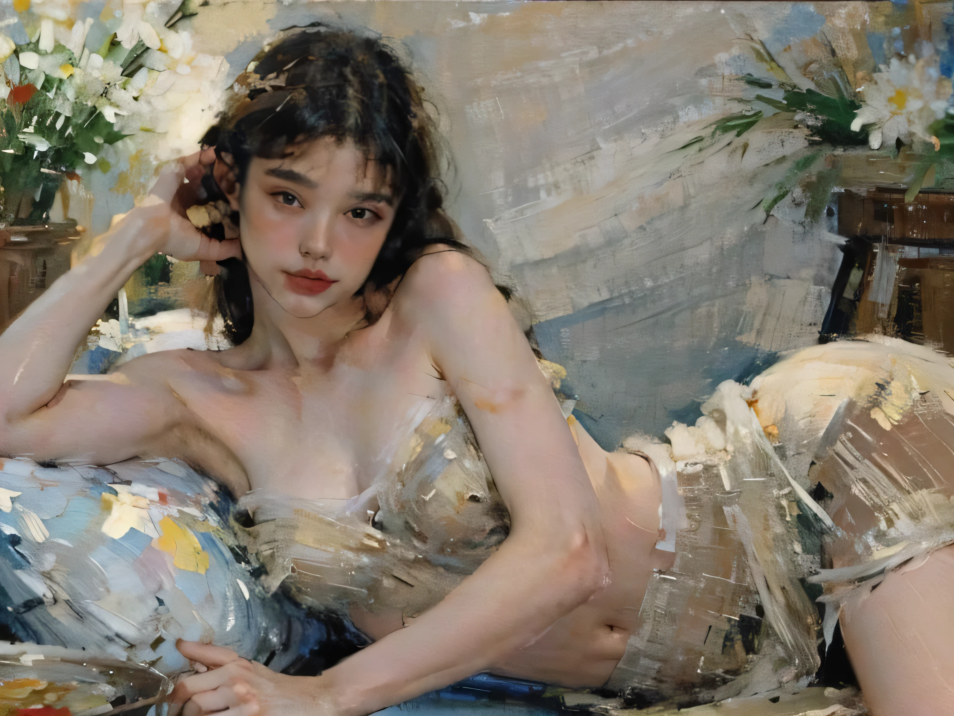 (masterpiece), (best quality), oil_painting, classical painting, 1girl, portrait, bare shoulder, dress, earth tone, flowers