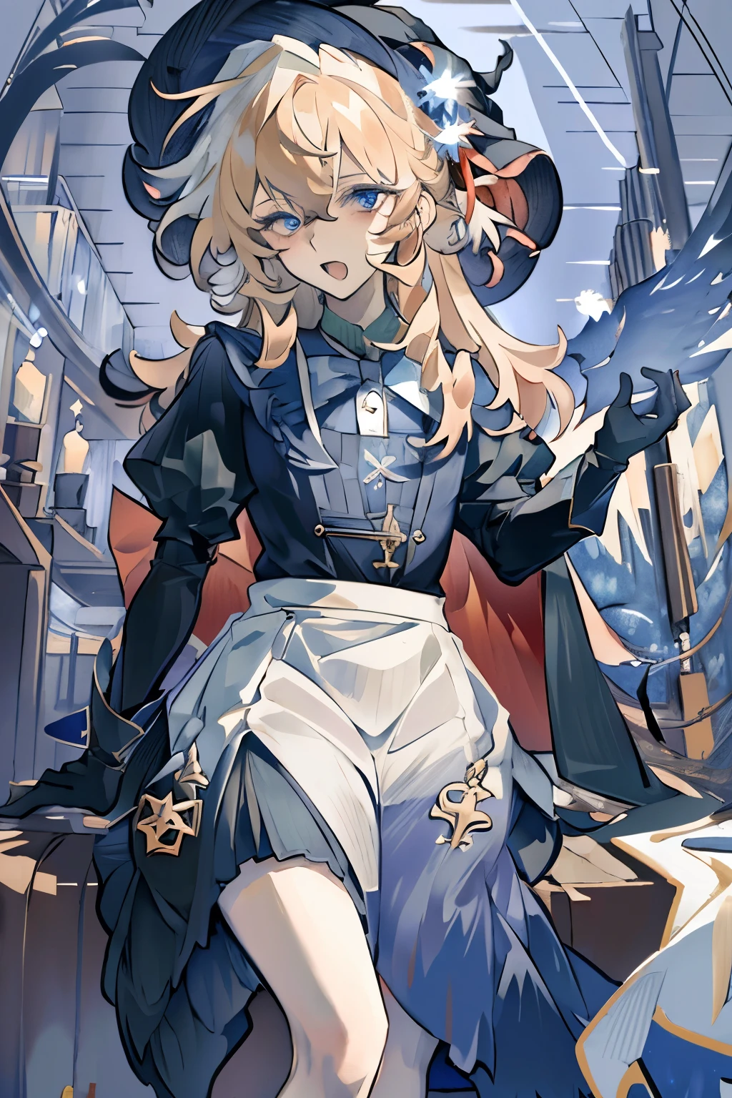 ((masterpiece:1.2,  is the best quality)), 1 Girl,  alone , (Witch Hat), blond, Long hair, skirt, aurora, night, Star (Sky), Gloves, Sky, white skirt, night Sky, Open your mouth, Starry Sky,  blue eyes, ribbon, very Long hair, red skirt,  Smile, Hairband, cape,  blue hair, (bird), magic,  Spell casting spells , dark clouds, night, (Impressionism:1.4), (Tarot:1.3),  Alphonse Mouchard ,