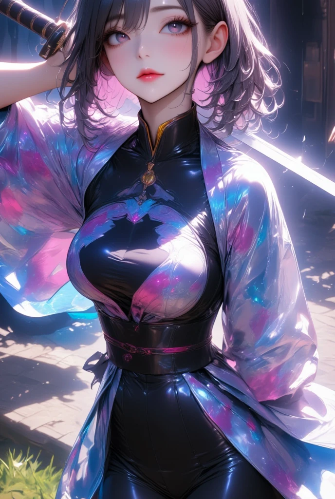 One young and beautiful woman,(Best Quality, Extremely Detailed Description , Incredibly Absurd Hi-Res),(Anime Samurai Girl ),(kimono,Hakama,Long sword:1.3),(Black Eyes,Black Hair, half-closed eye:1.1,sweat,Beautiful legs,Curvaceous Body, shiny skin, Poses Waving a Sword :1.5, is holding a sword:1.3,Shining Steel Blade:1.3,Sword,),Full body image, anime picture ,Side view,background:Riverside,Natural Light,Focus on the sword 