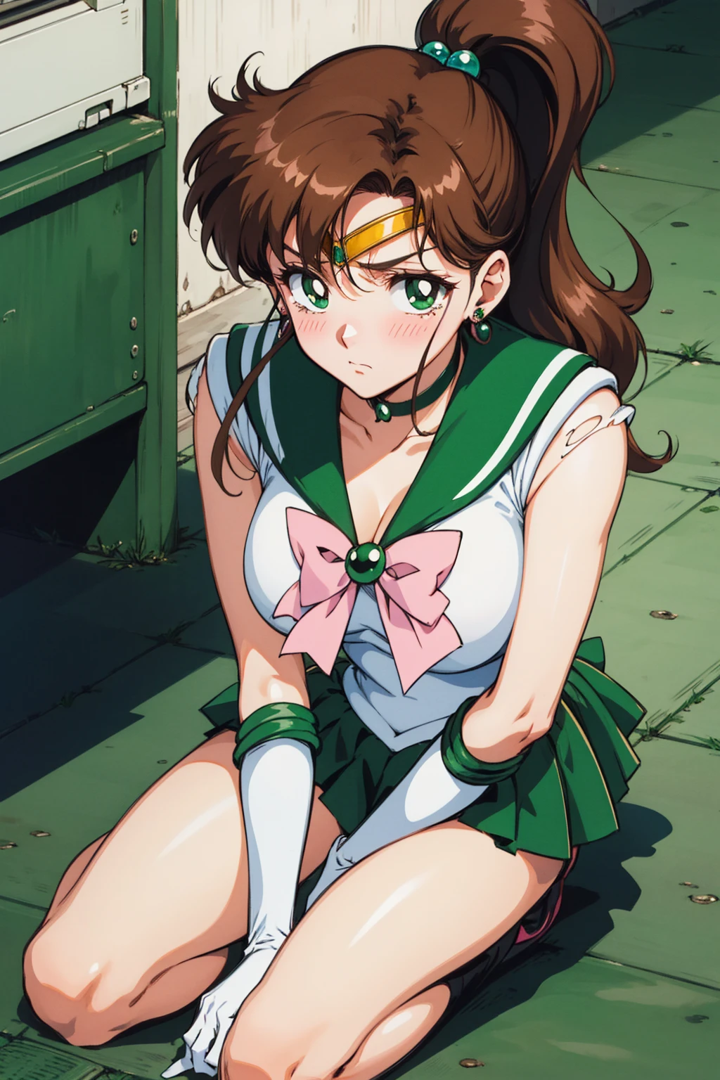 Best Quality,  high resolution on down, 1990s \( style \), retro art style , 1990s anime cels  style ,  Sailor Jupiter,  Fighting ,  sailor warrior uniform , Green sailor collar,  white gloves,  sitting on the floor with her knees open ,  Pink Ribbon ,  ponytail,  jewellery, Earrings、(Torn clothes、tits)、Dynamic、廃墟で Fighting 、Torture scene、 torture room、Woman being tortured、tears、blush、 sad