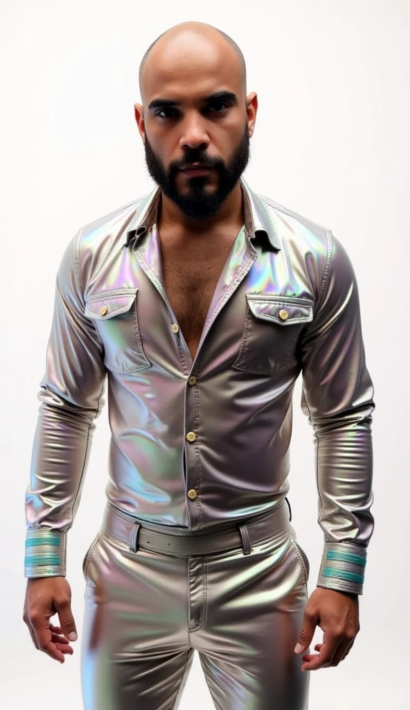 40 year old man very nalgon, complete body, muscle men、shorth hair、a beard、Award,hyperpeitors,Wear a suit without a jacket、dynamic laxity、Sharp focus on、silver dress pants, round ass backside, manly