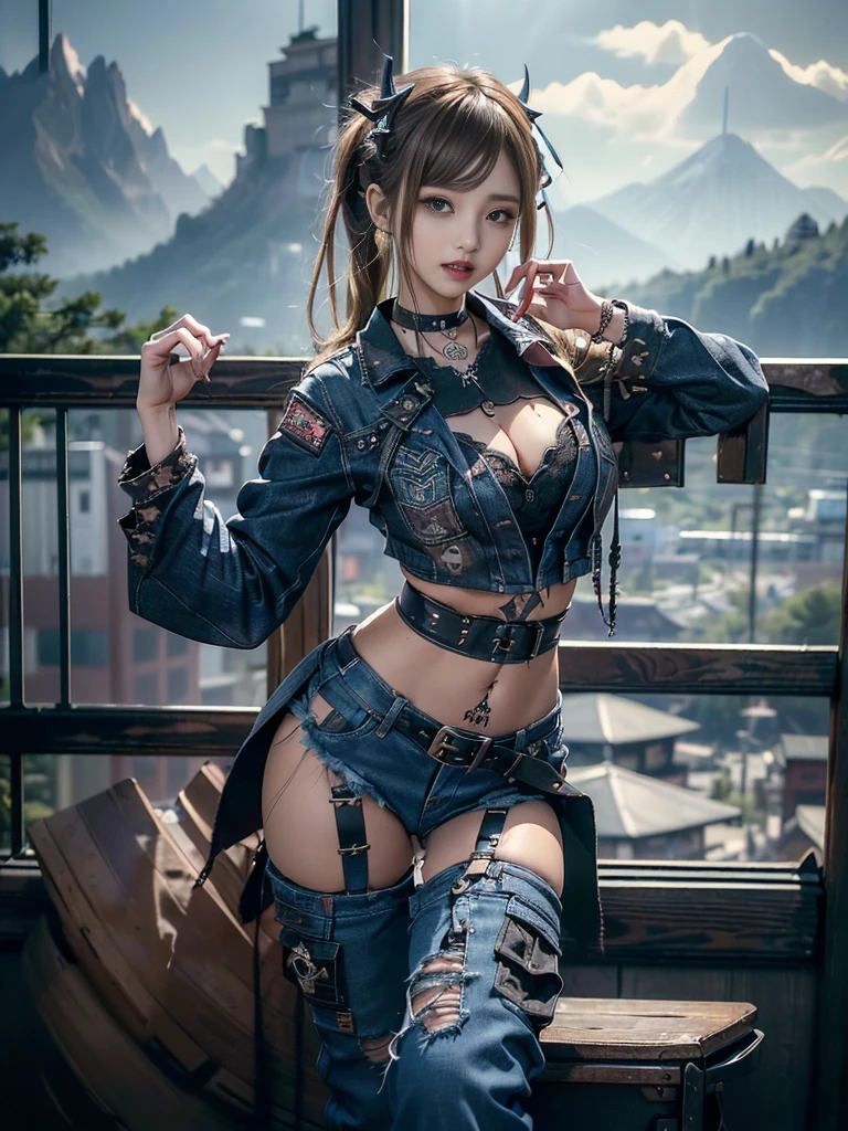 (Full Body View:1.3)、(Beautiful lips and nose:1.4)、(Long eyelashes:1.4)、(Side view:1.1)、(Smiling with teeth showing:1.3),(Shibuya Gal:1.5)、(Gothic Lolita delicately decorated dress:1.5)、(Tattered denim and black punk rock cargo pants:1.5)、(Denim and white skull mark small jacket:1.4)、(denim garter belt:1.5)、(Black and denim knee socks:1.3)、(Skull Silver Accessories:1.5)、(Denim collar:1.3)、(Brown Skin Belt:1.4)、(Brown boots:1.2)、(The underwear is striped:1.4)、31 years old、((highest quality、In 8K、masterpiece:1.3))、Sharp focus:1.2、(Layered Cut、Huge boobs:1.1),Beautiful woman with perfect figure:1.4、(Dancing vigorously:1.3)、Slender Abs:1.2、Highly detailed face and skin texture、Detailed eyes、double eyelid,(Bob Hair:1.3)、(Brown-golden hair:1.3)、Gravure idol、(The background is a gorgeous celestial temple:1.3)、(Slim body:1.2),(Make your legs thinner:1.4),(clavicle:1.1)
