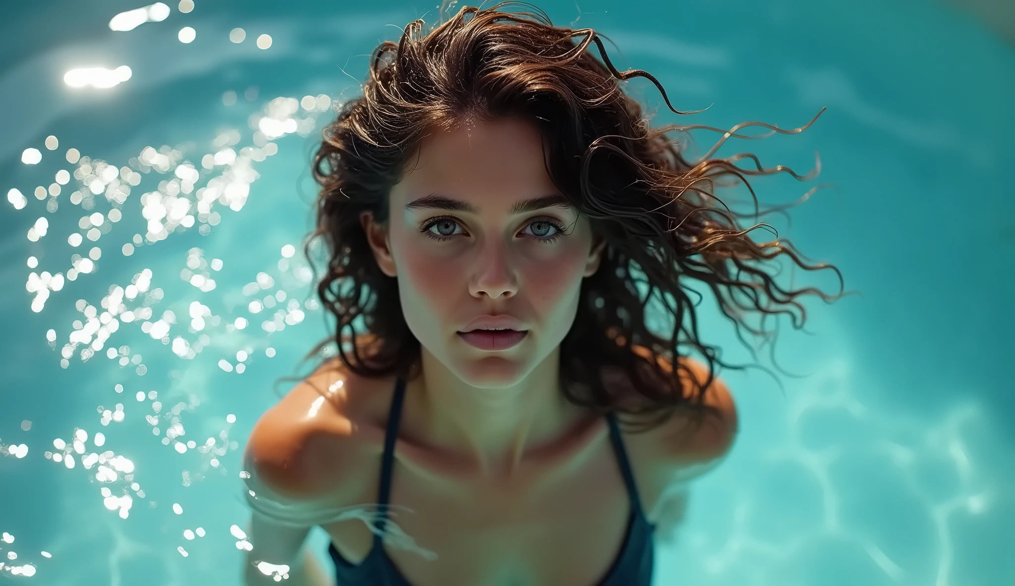 girl in a bikini swimming lying face down and on her back in a horizontal position under the water of a pool,