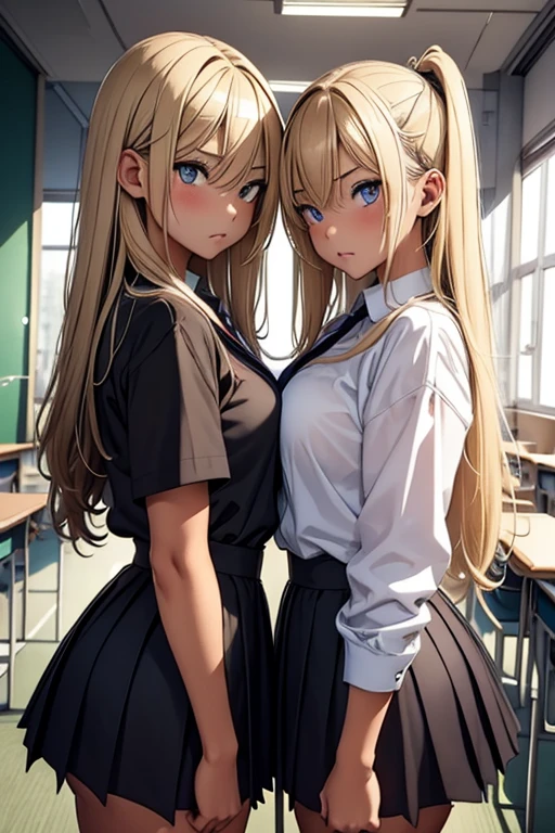 Two ******* girls ，Angry expression，Equal height，In the classroom，Black and blonde，Staring at each other， ，The two bodies are close to each other，{{kissu、Photo of the two of them、 photos facing each other 、 向かい合っているPhoto of the two of them、Pushing each other、 sticking yours together 