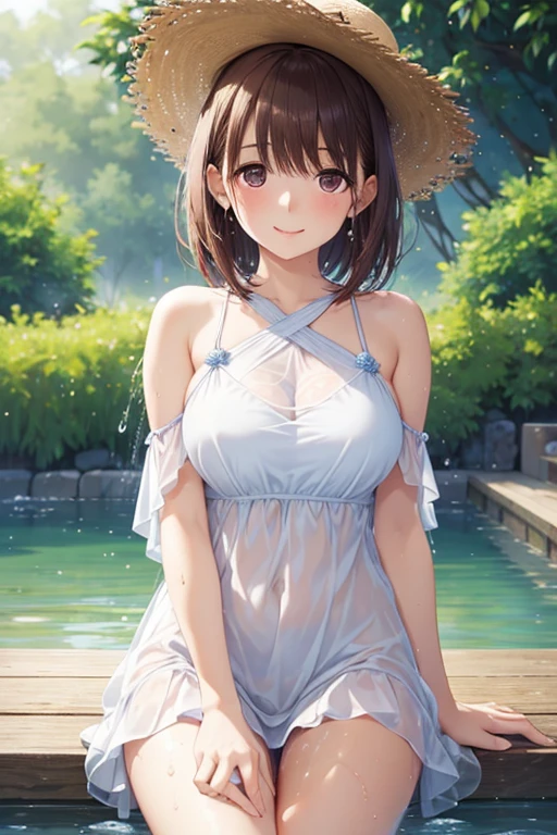 ((Highest quality)), ((masterpiece)), (detailed),, 15 years old, Black Hair,(Childish face), (Bob Hair), Girl, big Breasts, topless, ((Blue eyes)),half-smile ,Sunlight, cowboy shot ,  , Thea Shirt, , riverbank, flower garden,See-through shirt,