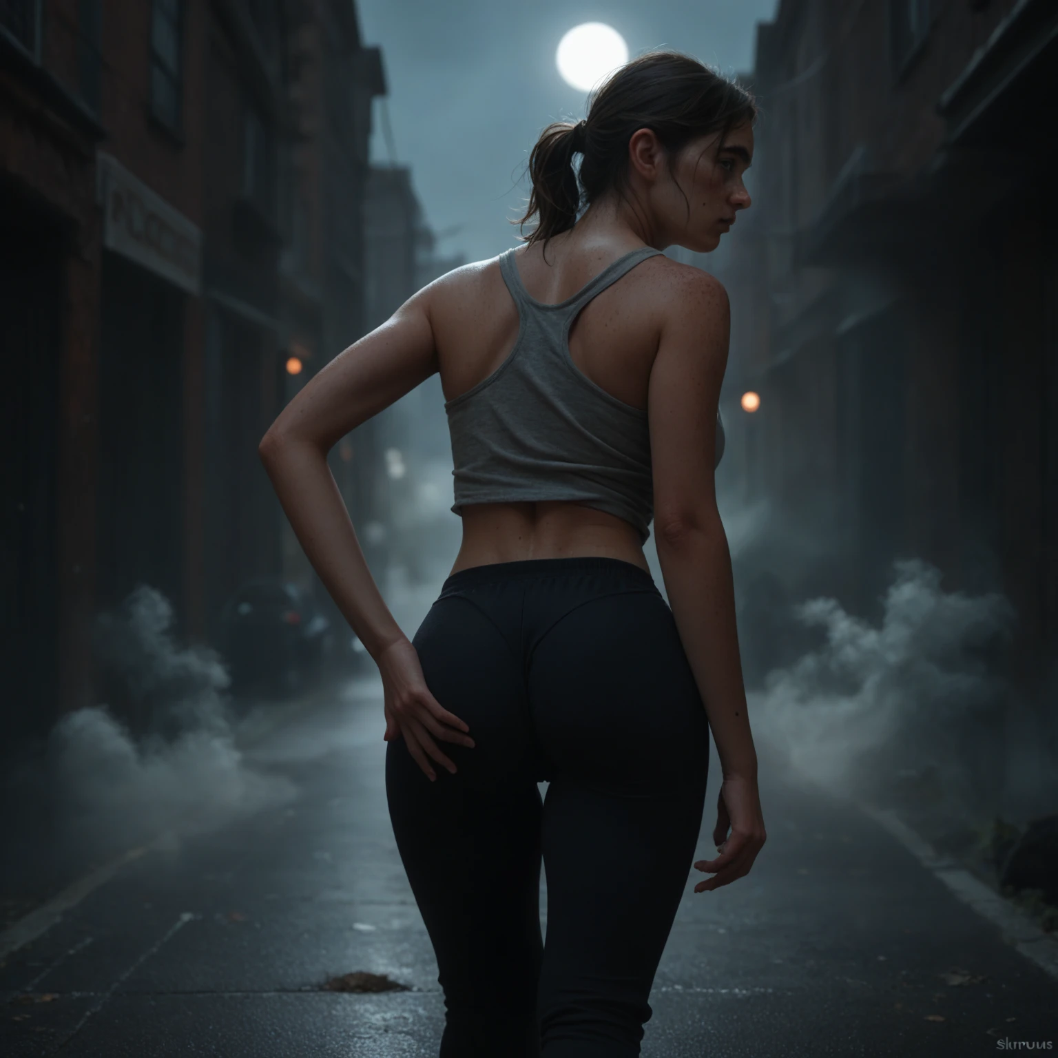  A first-person view of Ellie from The Last of Us ,  walking down a dark street shrouded in thick fog .  She is wearing a tank top and sweatpants ,  showing off her ultra-detailed face and hands ,  as well as colossal breasts and buttocks ,  bulky thighs. The scene is at night , illuminated by the faint glare of the Moon casting long shadows on its curves.  Focus on the hyper-realistic features ,  photorealistic Ultra-detailed photos of Ellie's entire body, with a strong emphasis on the view from behind.