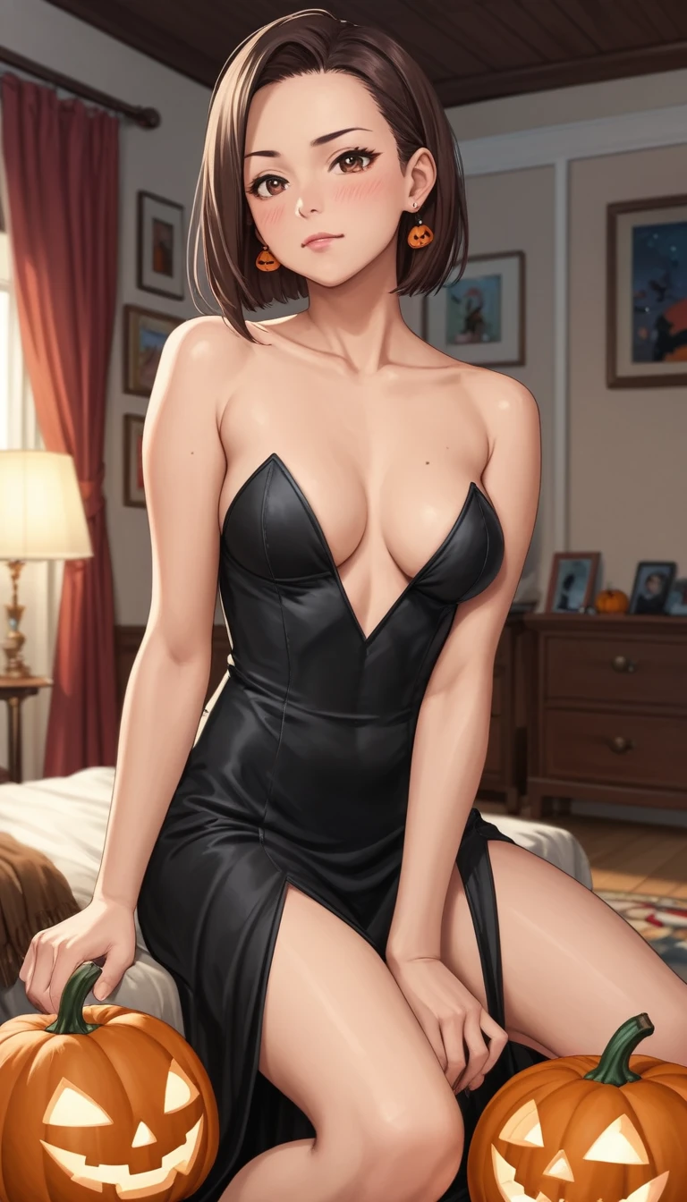 Momo Ayase, medium hair, brown hair, brown eyes, medium breasts, posing embarrassed, halloween costume, green earrings, [red face, medium breasts, detailed background, interior, living room, house living room, halloween theme,