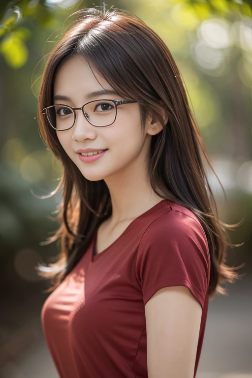 UHD, Extreme close-up of cute Korean female,Chest size 32 inches ponytail, hazel eyes, glasses, slightly smile, wearing red striped tank top, walking in the forest, night, blurred background