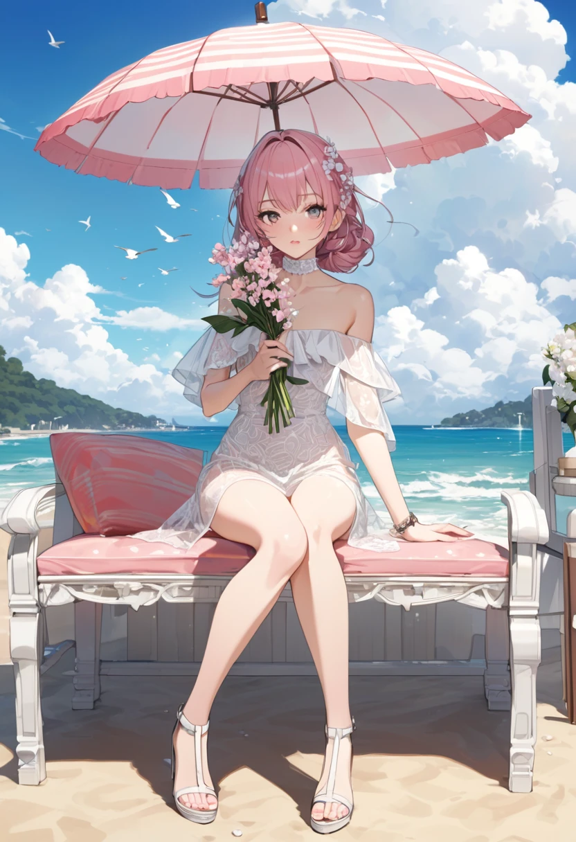 Beautiful and charming woman in fashion trend, full body: 1.6, holding flowers, random hairstyle, sitting under a parasol, by the sea, tight slip dress random color, wind blowing hair, blue sky and white clouds, delicate sexy collarbone, covering chest, charming goose egg face, double eyelids, smart peach blossom eyes, pink lips, small upturned nose, bare shoulders, focused face, face close-up, ultra-high definition, super detail, ultra-thin translucency, fresh and good, see-through, pink