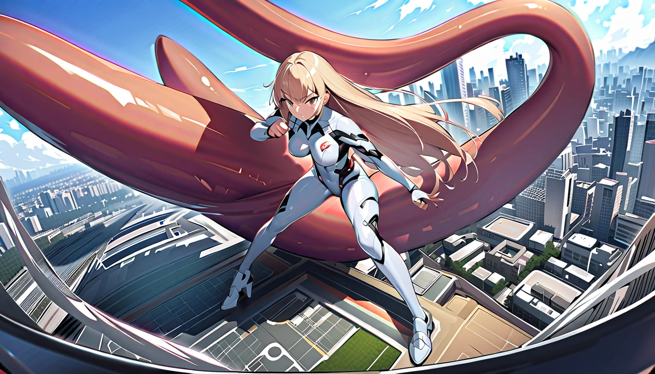 girl masterpiece, best quality, high resolution, best detailed, ultra girl, giantess, blonde hair, straight hair, shiny hair, bodysuit, suit explosion, destructed suit, damaged suit, a lot of scar, blue and silver bodysuit, red gem on chest, full body, fighting stance, making fists, a lot sweat, many tentacles, breezing white breath, detailed background, cityscape, buildings,