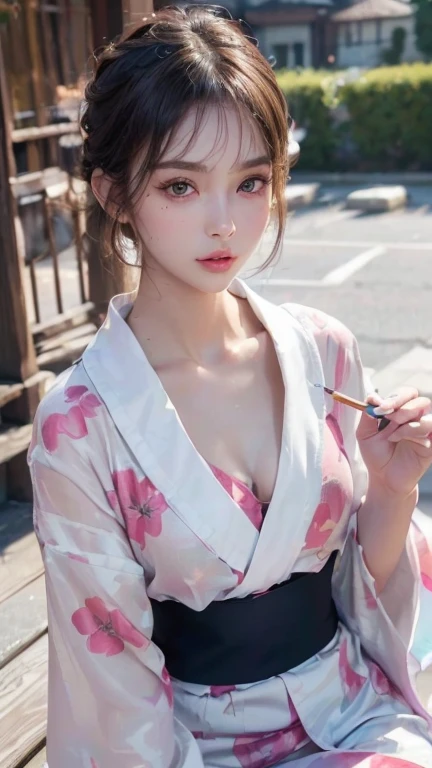 masterpiece、highest quality、8k,Ultra-high resolution、RAW Photos、Ultra-high resolution、日本people々々、beautiful girl、1people、woman, (Flower Hair Ornaments,Braided top knot,Twisted Side Part Ponytail Braided Headband,Half Up、Braided Space Van,Voluminous fishtail braid,Twisted pan),(Asymmetrical bangs)、 (Ultra-realistic),Round face、 Fine and beautiful eyes, Hanging eyes、double eyelid、Thin eyebrows、Red makeup around the eyes、Heavy dolly make-up、Thin lips, (A short yukata(Pink floral pattern on white background))、 A kind smile, Professional photography, Cinematic Light, (Very beautiful face: 1.2),(Large Breasts:1.4)、Saggy breasts、Cleavage、Exposed thighs、Voluptuous thighs、smooth calves、、daytime office、In front of the computer、sitting in an office chair、Head to knee photo