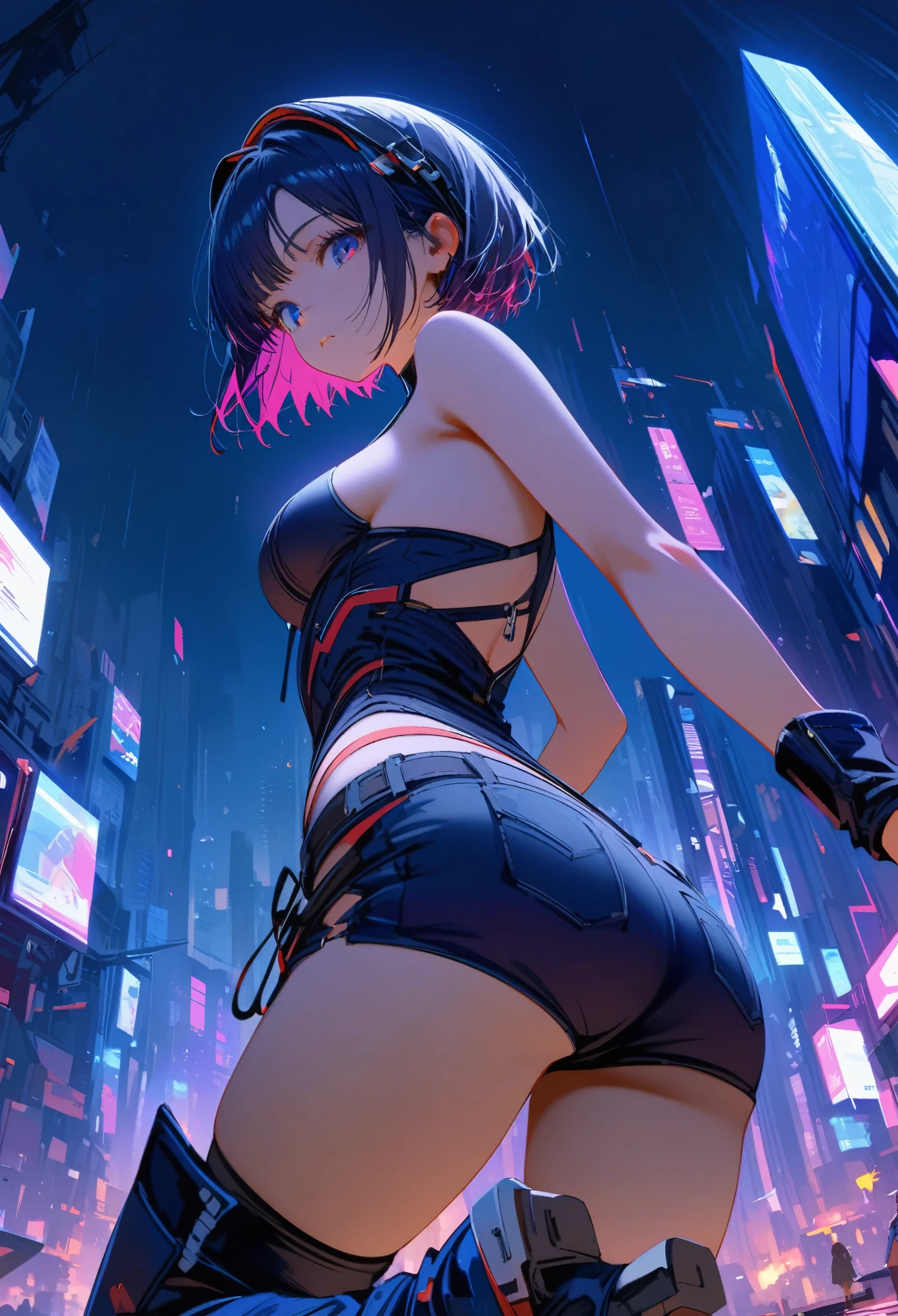 Emo girl, Short skirt, The T-shirt is torn, bare chest, nipple piercing, perfect physique, erotic panties, they want to force you to show your ass, shock, confusion and excitement, back view