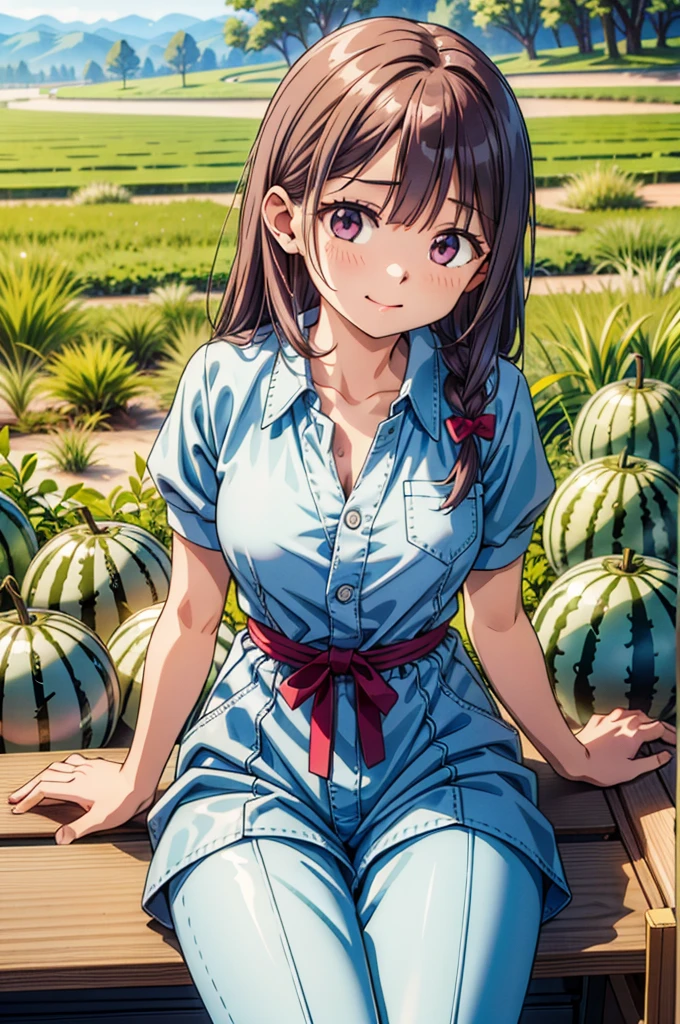 (masterpiece, ultra-detailed, best quality, clear focus, dramatic scene), shadow, (ultra-high resolution, 8k), perfect anatomy, perfect face, (detailed face, detailed eye, solo), 1 cute Japanese girl, very beautiful and cute face, dynamic angle, She is wearing a cute coveralls, She harvested watermelons in the watermelon patch but the watermelons are rolling down the hill, She chases the rolling watermelons.