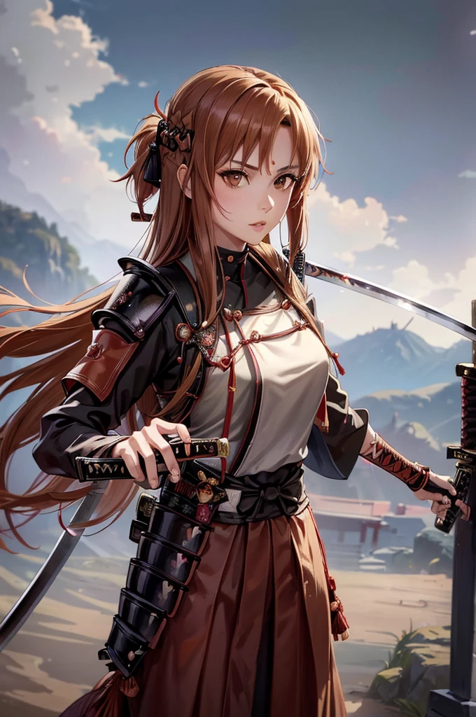 a young woman holding a katana sword ready, asuna yuuki, extremely detailed eyes and face, long eyelashes, beautiful detailed lips, intricate samurai armor, flowing hair, dynamic pose, detailed textures, cinematic lighting, vibrant colors, digital painting, masterpiece, photorealistic, 8k, ultra-detailed