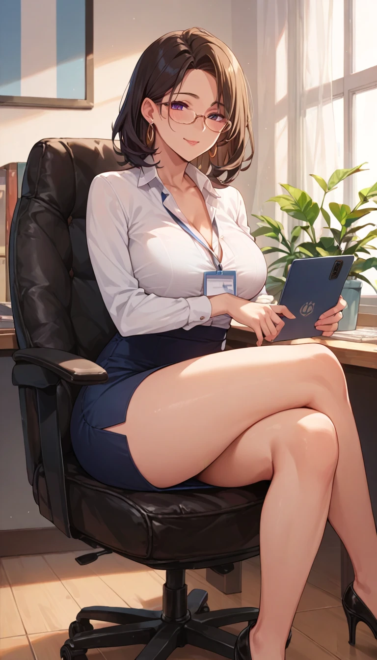 Score_9, Score_8_up, Score_7_up, Score_6_up, Score_5_up, Score_4_up, Source_anime, Tag1, Tag2, Quality_masterpiece, Mature female, medium hair, Office Lady, Sitting on chair