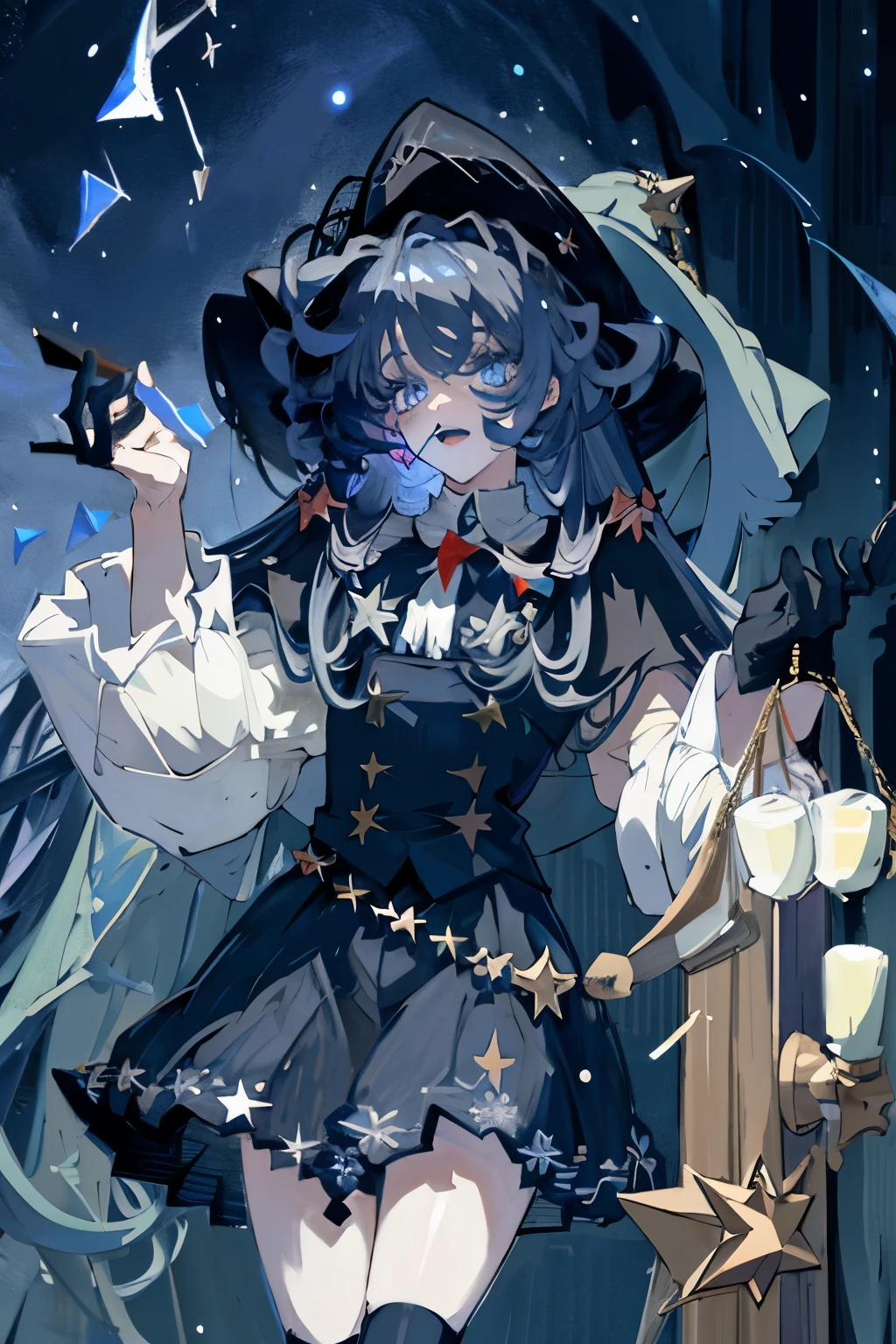 ((masterpiece:1.2, is the best quality)), 1 Girl, alone , (Witch Hat), blond, Long hair, skirt, aurora, night, Star (Sky), Gloves, Sky, white skirt, night Sky, Open your mouth, Starry Sky, blue eyes, ribbon, very Long hair, red skirt, Smile, Hairband, cape, blue hair, (bird), magic, Spell casting spells , dark clouds, night, (Impressionism:1.4), (Tarot:1.3), Alphonse Mouchard ,