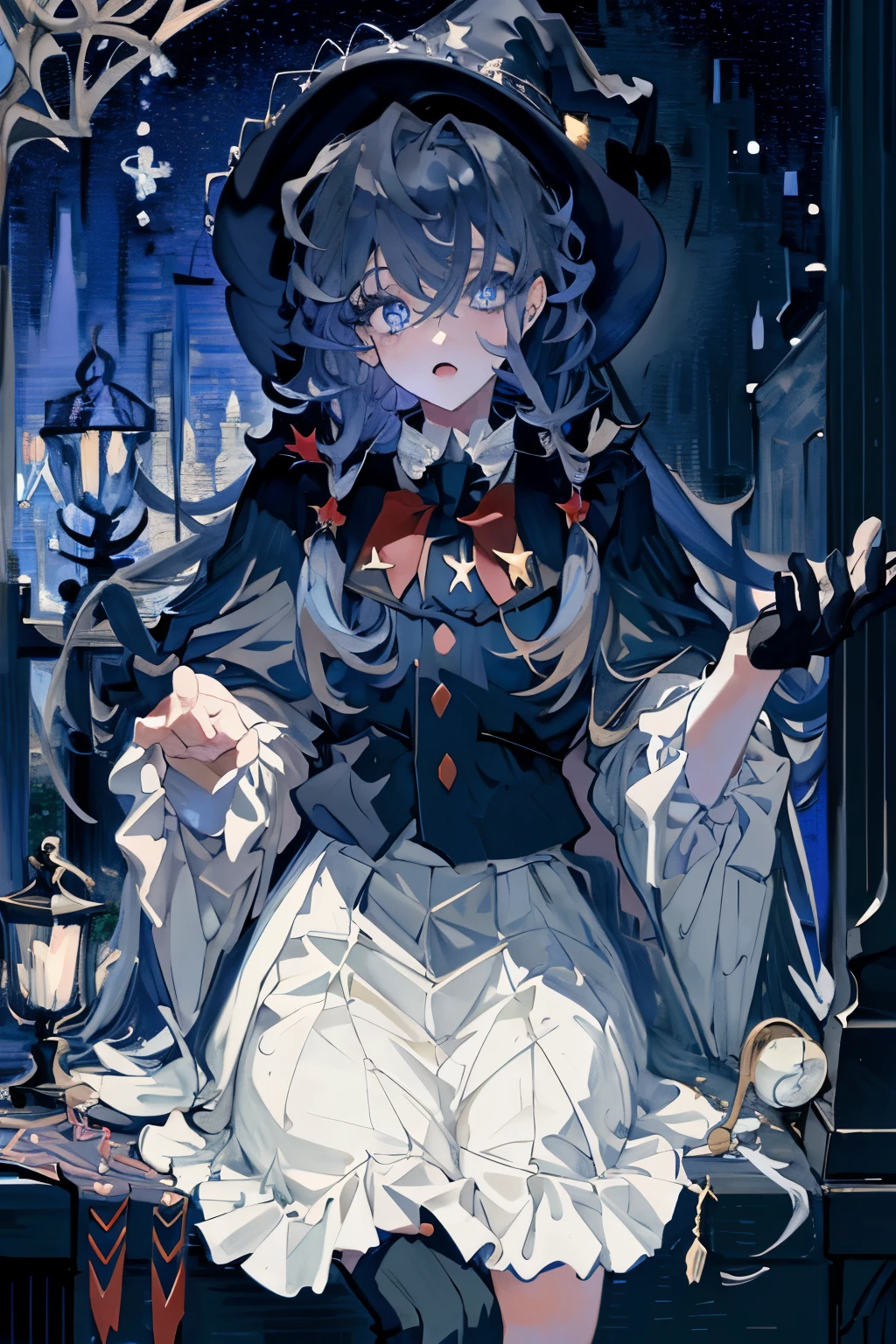 ((masterpiece:1.2, is the best quality)), 1 Girl, alone , (Witch Hat), blond, Long hair, skirt, aurora, night, Star (Sky), Gloves, Sky, white skirt, night Sky, Open your mouth, Starry Sky, blue eyes, ribbon, very Long hair, red skirt, Smile, Hairband, cape, blue hair, (bird), magic, Spell casting spells , dark clouds, night, (Impressionism:1.4), (Tarot:1.3), Alphonse Mouchard ,