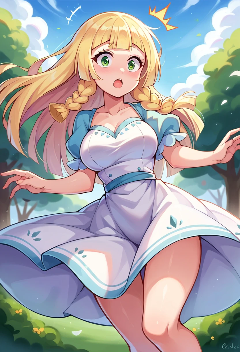 masterpiece,  best quality , highly dramatic image,  beautiful eyes,  cinematic lens effect , ((expensive dress)), ((Busty bitches)),  a sexy Lillie photoshoot ,  ecchi girl sexy photoshoot , Caught in the Wind ,  skirt raised,  Surprised expression  