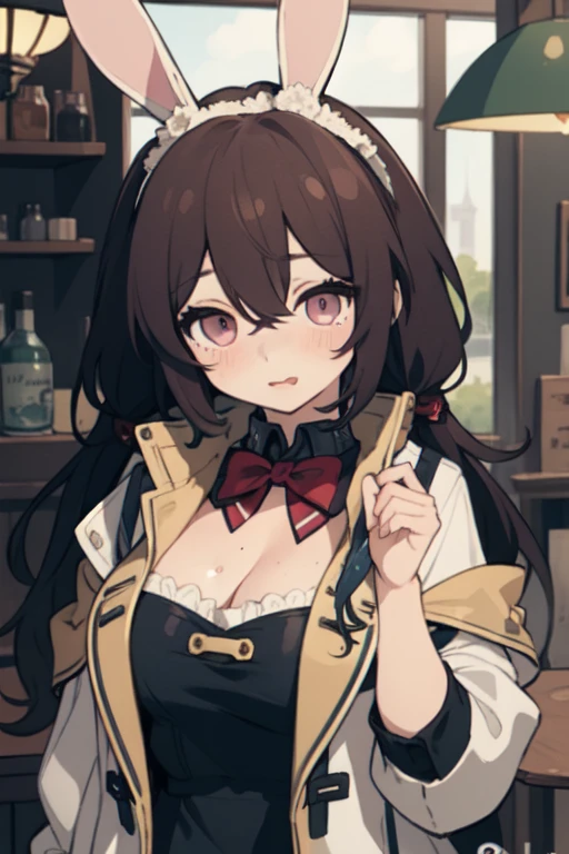 ((Best Quality)), ((masterpiece)), (  Details),  1 girl,  sexy, Petite, Busty,  Breastless head, Pink Bunny Girl,  long brown hair, Tavern, Open jacket
