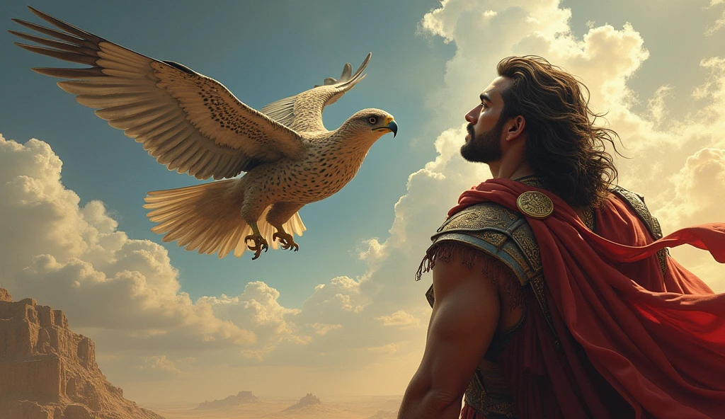Characters: Prometheus, Hercules - Description: Hércules libera a Prometheus
- Época: Greek Antiquity - Clothing: Tunic and armor for Hercules - Location: Rock in the Caucasus - Action: Hercules kills the eagle, libera a Prometheus
- Fondo: The rock, sky and mountains - Plan: Wide shot
- Estilo: hyper-realistic, Photo realism, cinematography