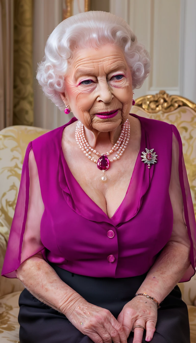 (Full shot:1.5), (gorgeous queen elizabeth 80yo:1.3), (huge saggy breast:1.3), profile side, (look at viewer:1.4), sitting on a bed, wider cleavage, (sensual expression:1.4), (covered in cum:1.5), (((chiffon sheer magenta shirt))) (((with a deep collar pink necklane))), black skirt, lipsticks, Pearl Necklace