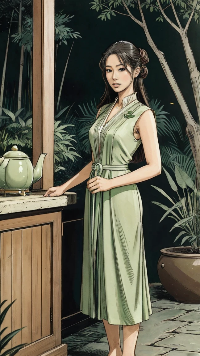 Feminine Asian Women Tamer, Long Layered Hairstyle, Wearing Feminine Green Sage Silk Dress, holding kettle teapot, standing behind green garden, full body portrait from head to toe, showing full body portrait from head to toe, detailed comic artstyle.