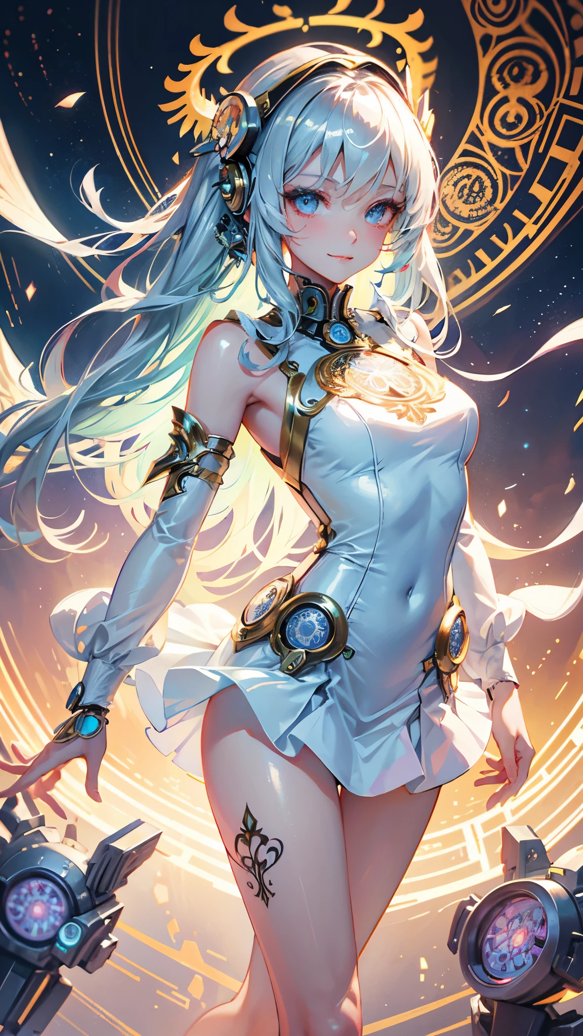 (quality)), ((masterpiece)), Recommended results、Puffy nipples、(see through:1.5)、straighten your back、abdominal muscles、huge bust、angle to floor:1.2、low camera angle、Hair loss on crotch,Hatsune Miku,super detailed)), (Very detailed的CG插画), ((extremely delicate and beautiful)),(1 white transparent mechanical girl)),alone,whole body,(Machine made joints:1.2),((mechanical limbs)),(Flashing blood vessel points connected to tubes),(Mechanical vertebrae attached to the back,with flowing glitter.),((Flowing rainbow fixed around neck)),perfect round face,(wires and cables attaching to neck:1.2),(Rainbow wires and cables on the head:1.2)(Character focus),,Very detailed,rich and colorful,most detailed,white ceramic skin,long blonde hair,maidennurse,demon,,vampire
