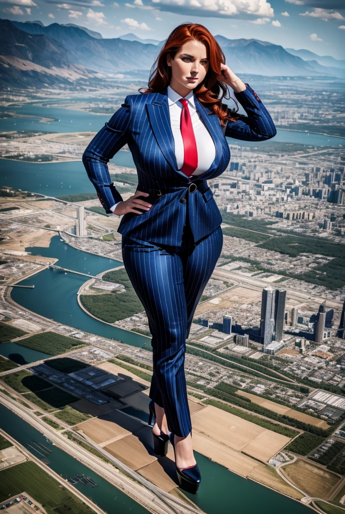 A sophisticated and stylish woman in a blue pinstriped trouser suit, white smart shirt, and a large thick paisley necktie in a windsor knot, with a beautiful, curvaceous figure, massive breasts, and long wavy bright red hair, with a curvaceous figure and massive breasts. wearing rounded platform high heels with uncovered feet, standing in a rampage-like pose, with a cityscape background of mega-city, urban sprawl, and small towns, giant montains, partially obscured by a hazy, cloudy atmosphere. The image is a high-resolution, masterpiece-quality, cinematic, ultra-detailed, and hyper-photorealistic photograph, with perfect hands, face, and lighting. ultra-detailed, 8K, photo-realistic, hyper-realistic, masterpiece, intricate details, full body view. Looking at camera, The image is a high-resolution, masterpiece-quality, cinematic, ultra-detailed, and hyper-photorealistic photograph, with perfect hands, face, and lighting. ultra-detailed, 8K, photo-realistic, hyper-realistic, masterpiece, intricate details, full body view