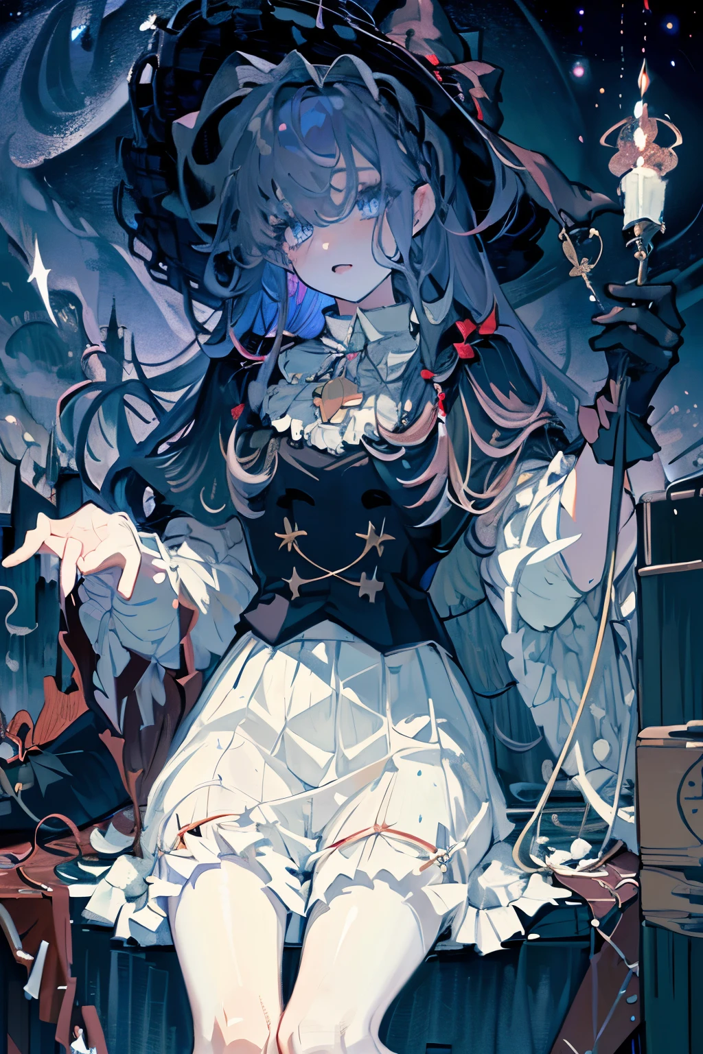 ((masterpiece:1.2, is the best quality)), 1 Girl, alone , (Witch Hat), blond, Long hair, skirt, aurora, night, Star (Sky), Gloves, Sky, white skirt, night Sky, Open your mouth, Starry Sky, blue eyes, ribbon, very Long hair, red skirt, Smile, Hairband, cape, blue hair, (bird), magic, Spell casting spells , dark clouds, night, (Impressionism:1.4), (Tarot:1.3), Alphonse Mouchard ,
