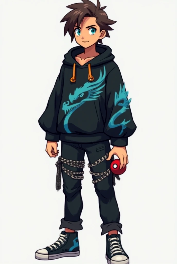 Create a full-body PIXEL ART of a male character, young adult, in the style of the game : Pokemon Black and White following the following instructions . Make it look like an adult . Make him slightly muscular , not a lot. Make him have brown skin . Make the character with brown hair . Make the character's hair a medium size. Make the character's eyes slightly Asian and with the color turquoise iris . For the character's clothes , follow the following description : make the character wear a black hooded sweatshirt . Make the coat have blue dragon details on it. Make the case have wide sleeves and that fit on the wrist , with orange accents. Make him wear black pants with punk style chains and details. Make him wear casual punk sneakers . Make the character hold a Pokéball . Make sure the character has a confident expression . Make IT a PIXEL ART!